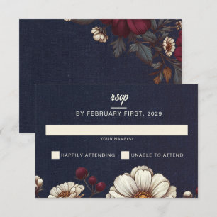 Cartons Réponse Mariage floral bleu marine et bourgogne