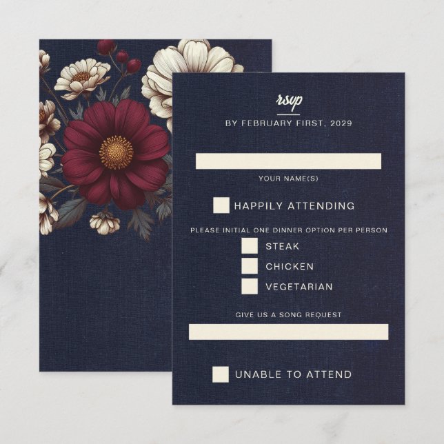 Cartons Réponse Mariage floral bleu marine et bourgogne (Devant / Derrière)