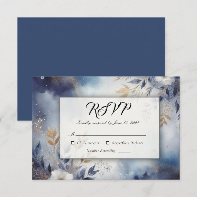 Cartons Réponse Mariage floral bleu marine et or (Devant / Derrière)