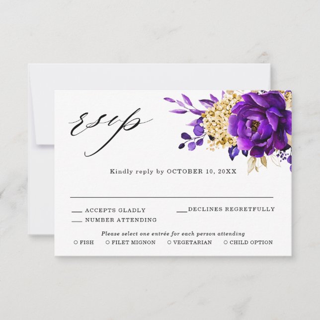 Cartons Réponse Mariage floral botanique violet or royal (Devant)