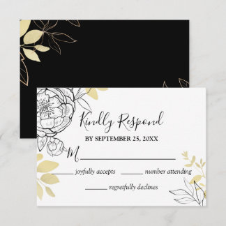 Cartons Réponse Mariage floral classique Black & Gold Peony