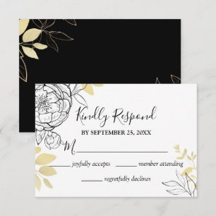 Cartons Réponse Mariage Floral Classique Noir & Or Paeonia