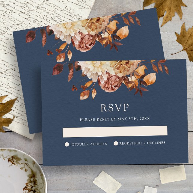 Cartons Réponse Mariage Floral d'Automne en Bleu Marine (Navy Fall Floral Wedding RSVP Card
)
