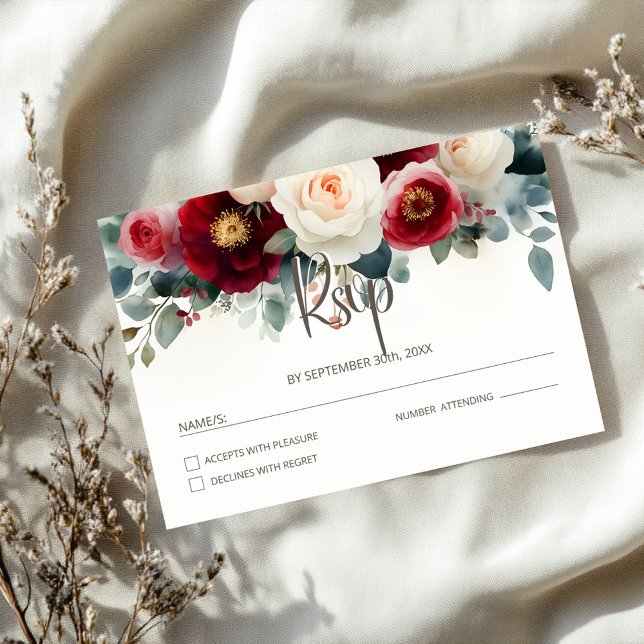 Cartons Réponse Mariage floral de Bourgogne et blanc (Créateur téléchargé)