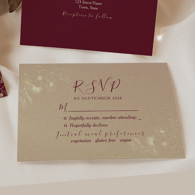 Cartons Réponse Mariage floral de Bourgogne et d'or (Créateur téléchargé)