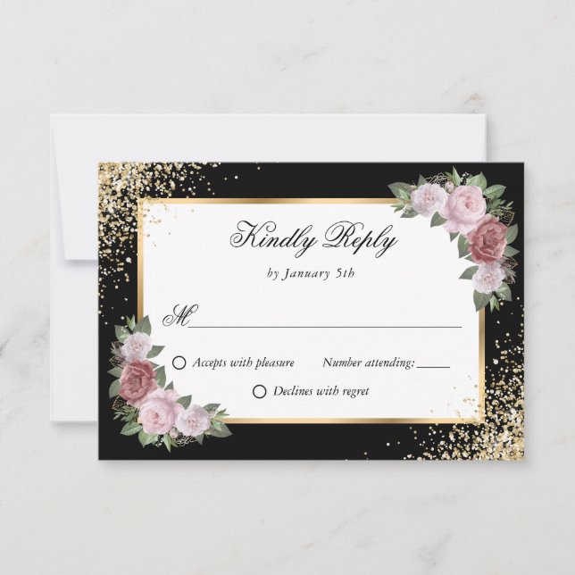 Cartons Réponse Mariage floral de Confetti en or noir rose (Devant)
