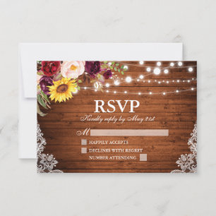 Cartons Réponse Mariage floral de dentelle de bois rustique