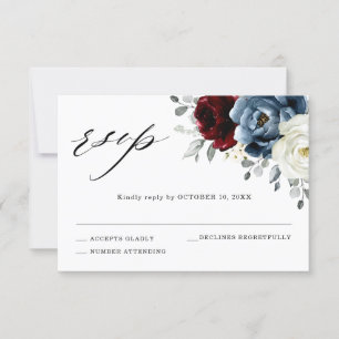 Cartons Réponse Mariage floral d'ivoire blanc bleu ardoise