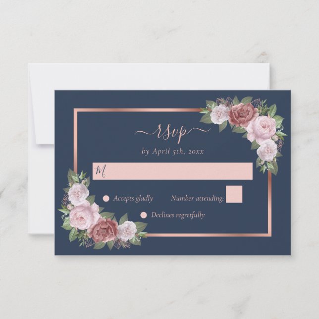 Cartons Réponse Mariage floral élégant bleu marine rose doré (Devant)