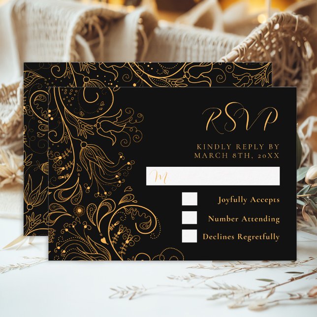 Cartons Réponse Mariage floral élégant or et noir (Créateur téléchargé)