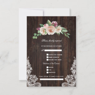 Cartons Réponse Mariage floral en bois avec Champagne rose
