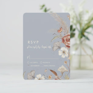 Cartons Réponse Mariage Floral Fleur Séchée BOHO Bleu Poussiéreux