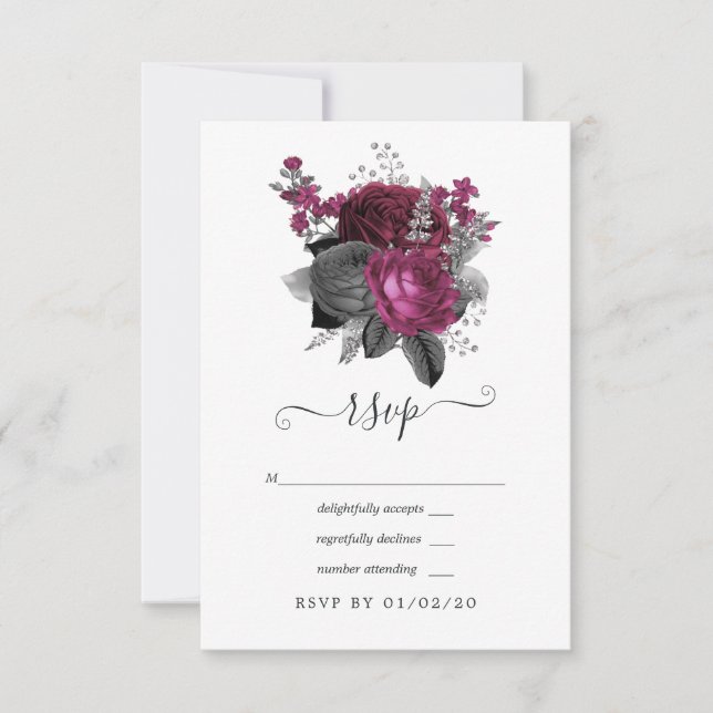 Cartons Réponse Mariage Floral Marsala, Noir et Argent (Devant)