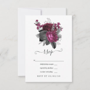 Cartons Réponse Mariage floral Marsala, noir et argent