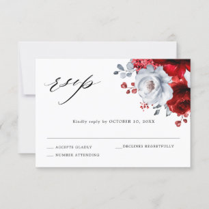 Cartons Réponse Mariage Floral Métallisé Rouge Royal Blanc Argent