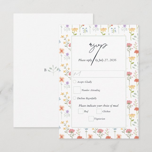 Cartons Réponse Mariage Floral Moderne Fleurs Sauvages Bohème Chic (Devant / Derrière)
