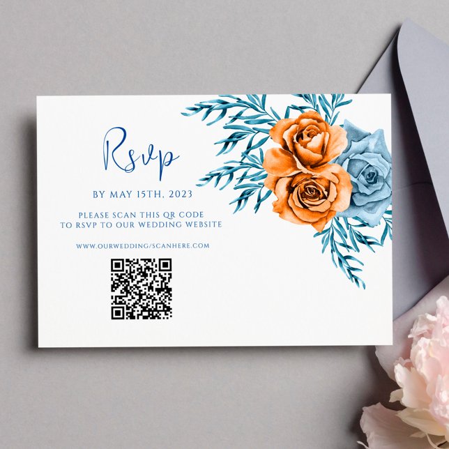 Cartons Réponse Mariage floral moderne Indigo Rust QR Code (Créateur téléchargé)