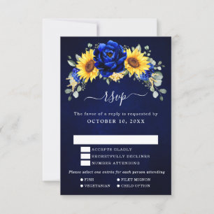 Cartons Réponse Mariage Floral Moderne Rustique Tournesol Bleu Roy
