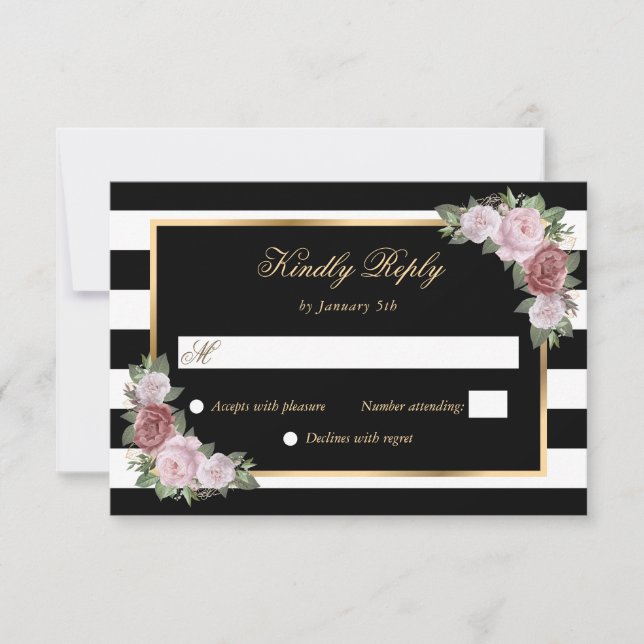 Cartons Réponse Mariage floral noir blanc or rose (Devant)