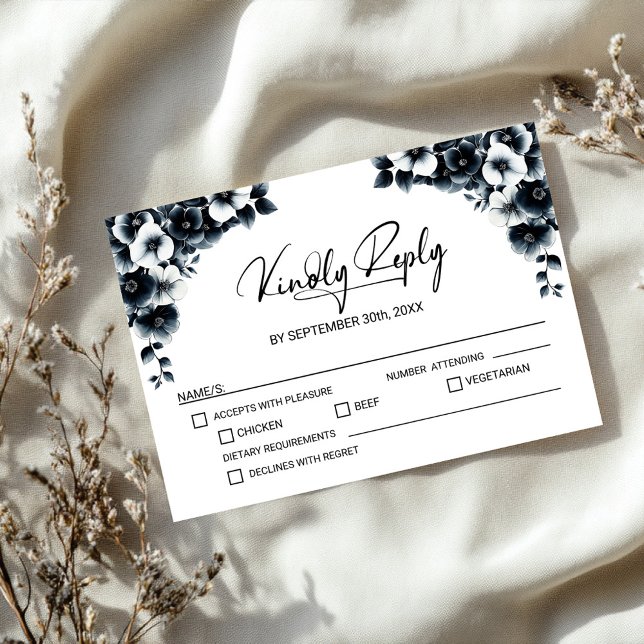 Cartons Réponse Mariage floral noir et blanc (Créateur téléchargé)
