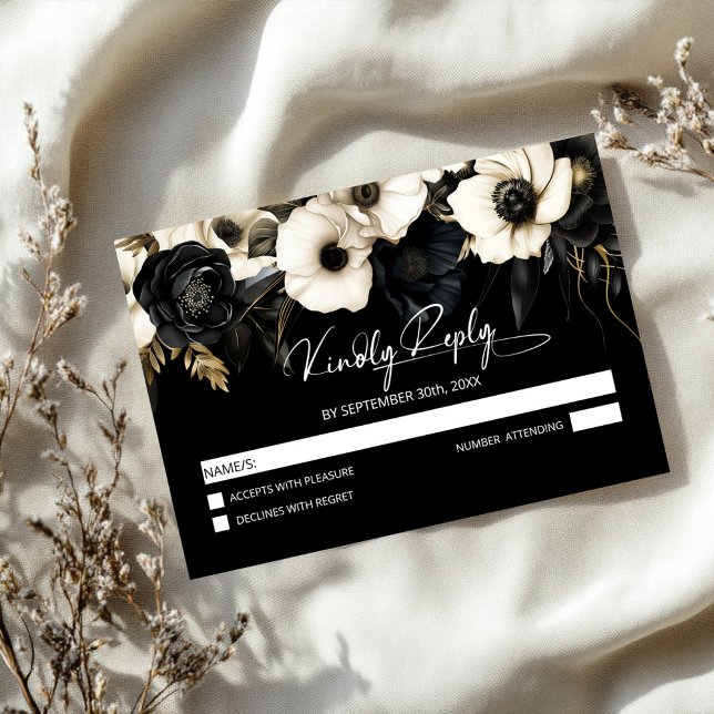 Cartons Réponse Mariage floral noir et blanc (Créateur téléchargé)