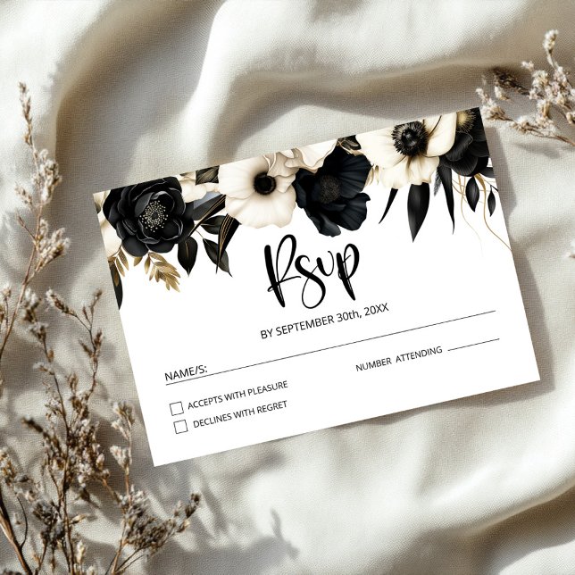 Cartons Réponse Mariage floral noir et blanc (Créateur téléchargé)