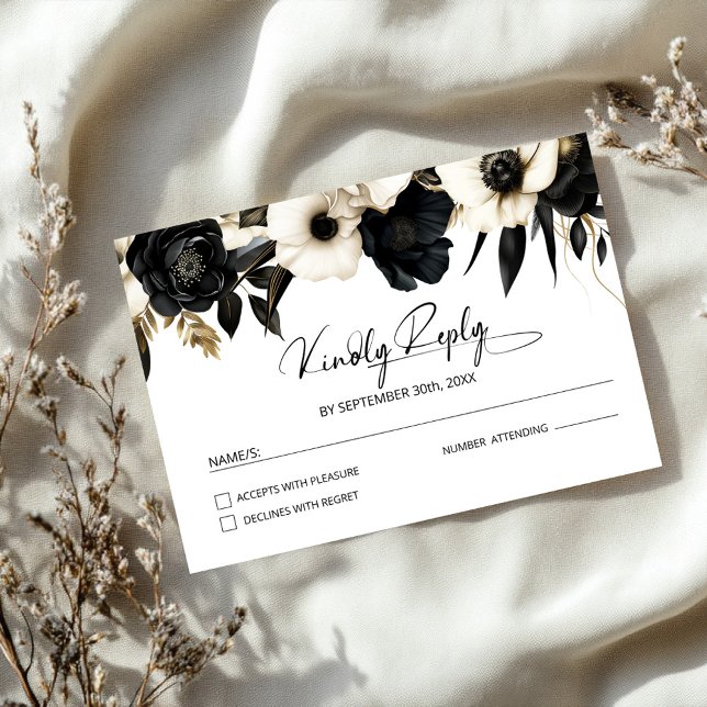 Cartons Réponse Mariage floral noir et blanc (Créateur téléchargé)