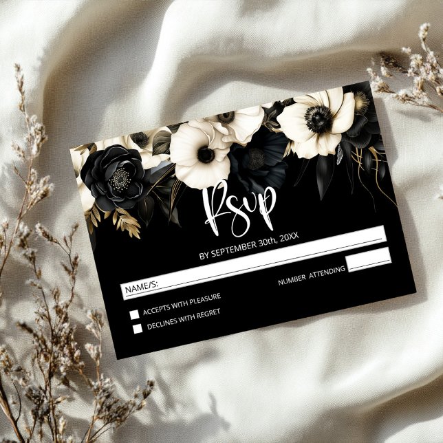 Cartons Réponse Mariage floral noir et blanc moderne (Créateur téléchargé)