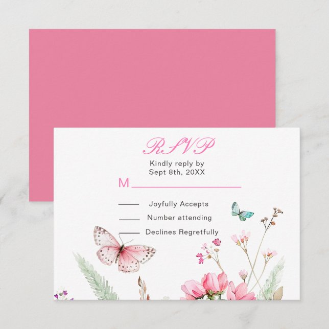 Cartons Réponse Mariage floral papillon rose de printemps (Devant / Derrière)