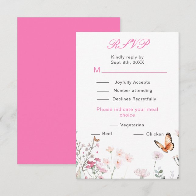 Cartons Réponse Mariage Floral Papillon Rose Foncé de Printemps (Devant / Derrière)