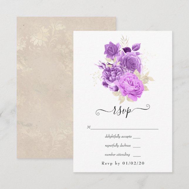 Cartons Réponse Mariage floral pourpre et ivoire (Devant / Derrière)