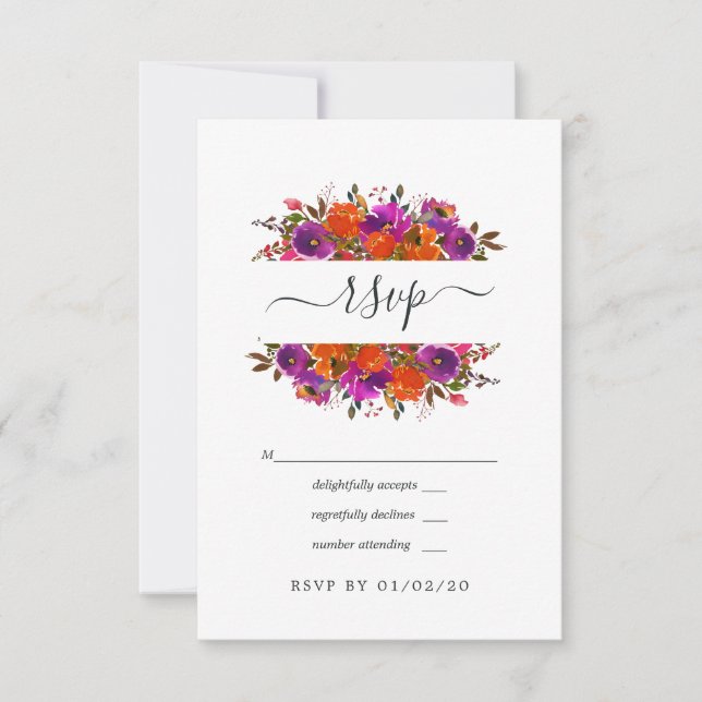 Cartons Réponse Mariage floral pourpre et orange (Devant)