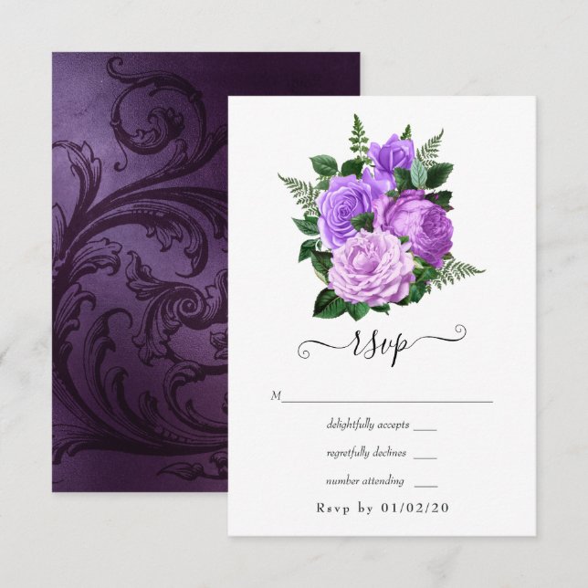Cartons Réponse Mariage floral pourpre et vert (Devant / Derrière)