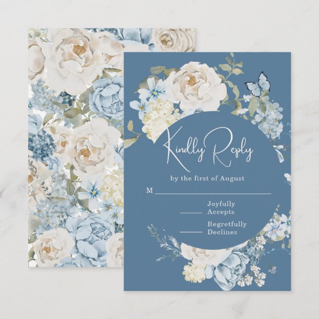 Cartons Réponse Mariage floral romantique bleu Dusty (Devant / Derrière)