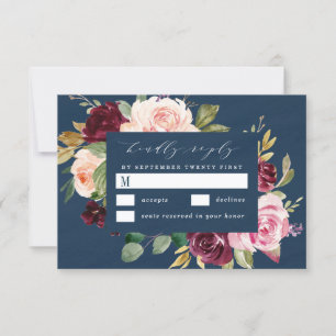 Cartons Réponse Mariage floral rose bleu bleu marine Bourgogne or 