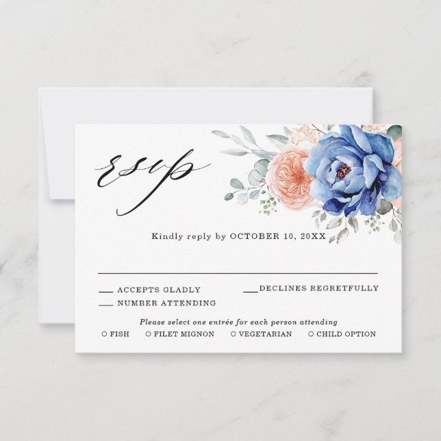 Cartons Réponse Mariage floral rose bleu marine (Devant)