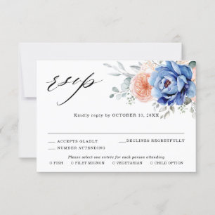 Cartons Réponse Mariage floral rose bleu marine 