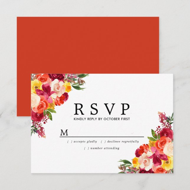 Cartons Réponse Mariage floral rose orange bordeaux (Devant / Derrière)