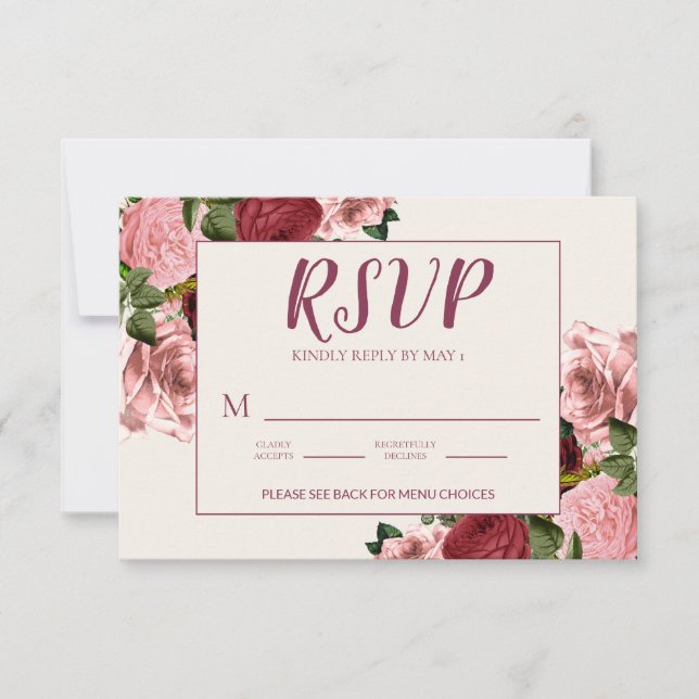 Cartons Réponse Mariage Floral Rose Pâle Bourgogne Romantique (Devant)