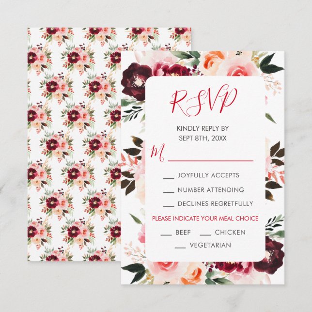 Cartons Réponse Mariage floral rouge Bourgogne et rose pâle (Devant / Derrière)