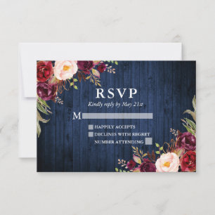 Cartons Réponse Mariage floral rustique en bois bleu bordeaux
