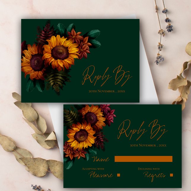 Cartons Réponse Mariage Floral Rustique Vert Brûlé Orange (Rustic Green Burnt Orange Floral Wedding RSVP Card)