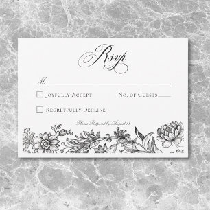 Cartons Réponse Mariage Floral Vintage Tapisserie Noir & Blanc
