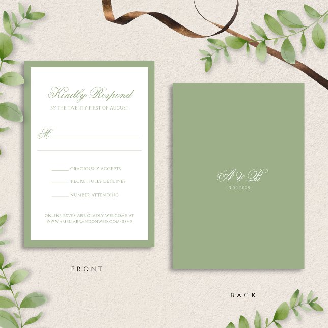 Cartons Réponse Mariage Formel Classique Vert Sauge Monogramme Scr (Créateur téléchargé)
