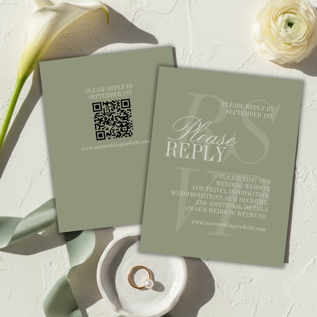 Cartons Réponse Mariage Formel Moderne Écriture Vert Sauge QR  (Modern Script Sage Green QR Formal Wedding RSVP Card)