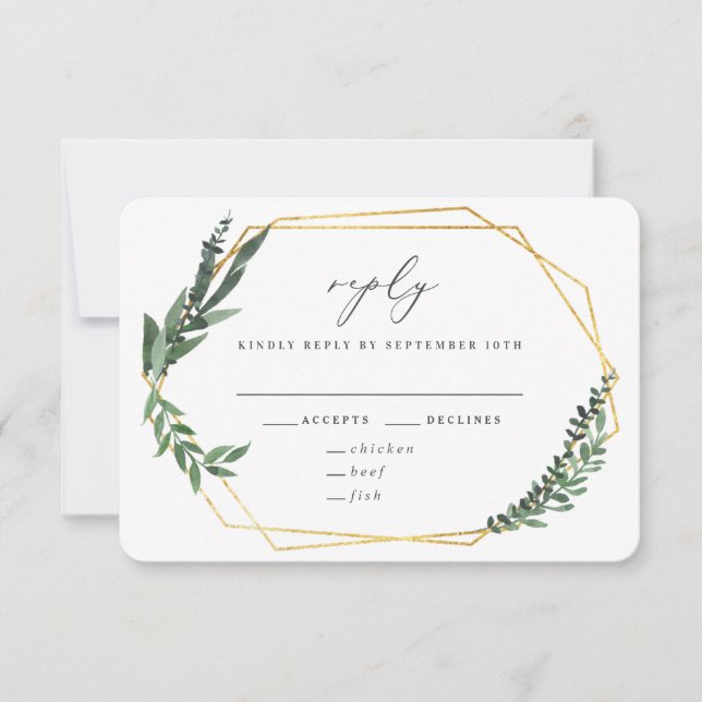 Cartons Réponse mariage géométrique aquarelle vert doré (Devant)