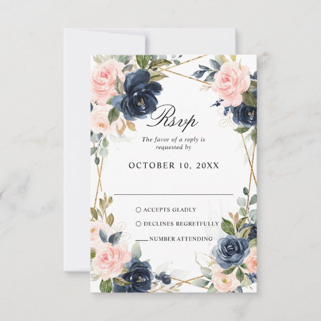 Cartons Réponse Mariage géométrique Blush de la marine en bois rus (Devant)