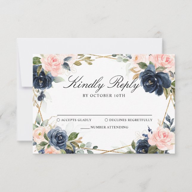 Cartons Réponse Mariage géométrique Blush de la marine en bois rus (Devant)