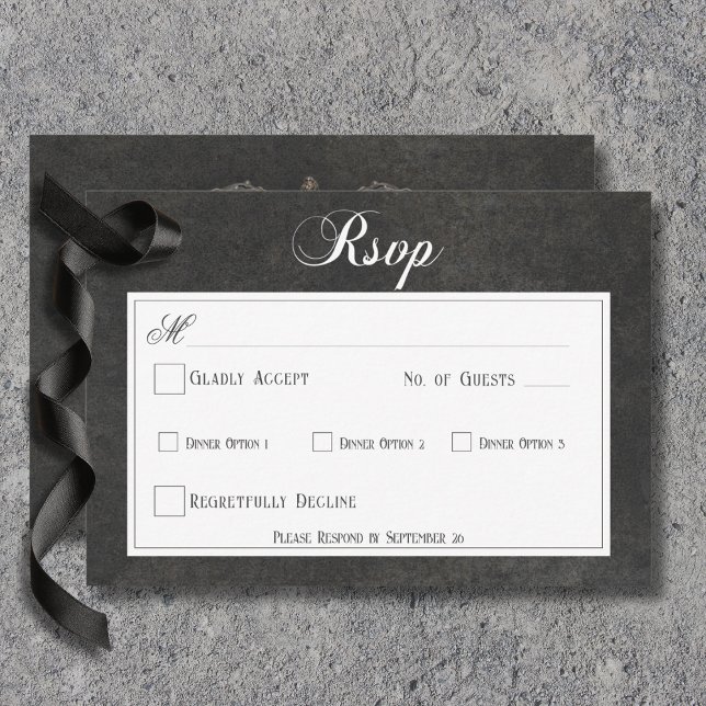 Cartons Réponse Mariage gothique noir et blanc crânes et cœur dîne (Gothic Black & White Skulls & Heart Wedding Response Card with Dinner Options)