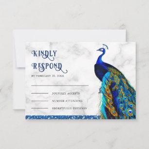 Cartons Réponse Mariage indien chic bleu paillettes Paon Moderne